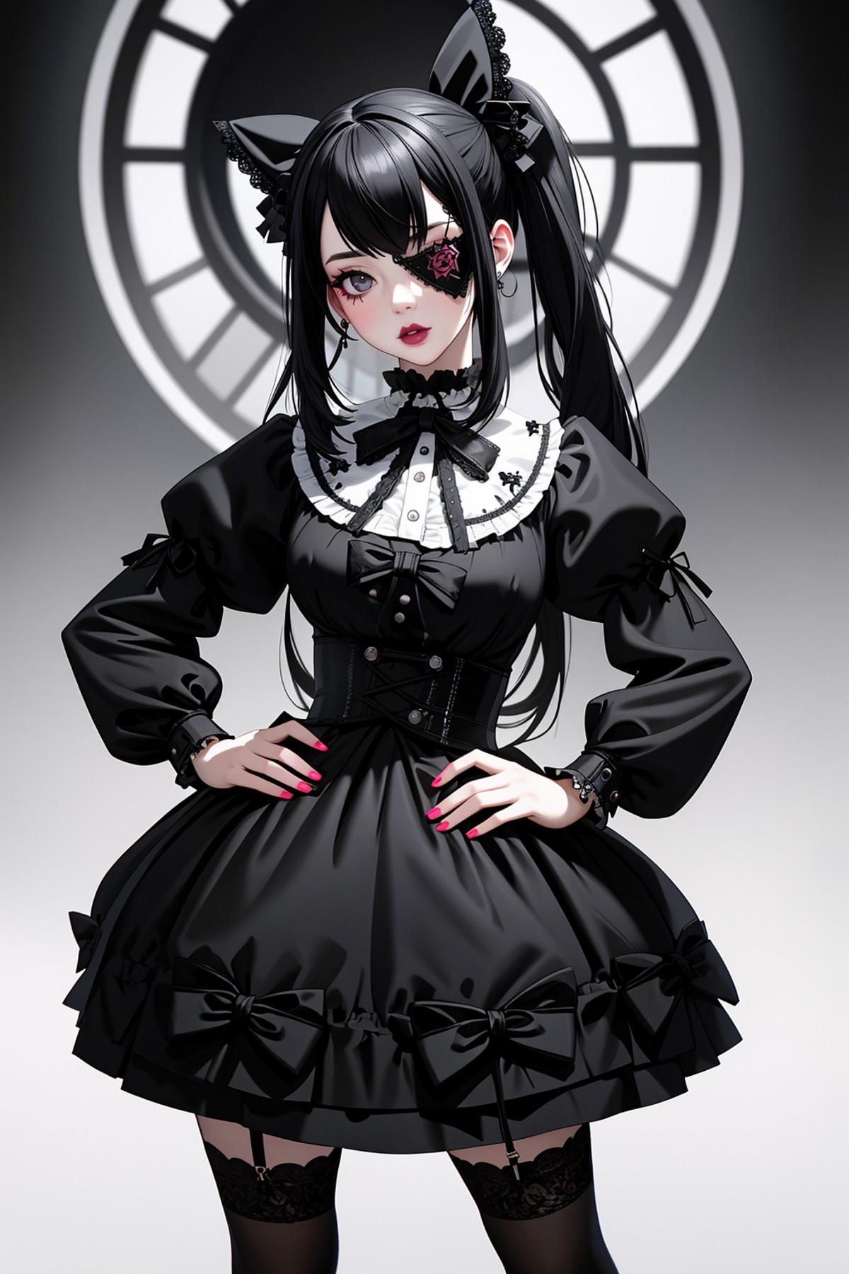 ((Masterpiece, best quality)), edgQuality,bimbo,glossy,(hands on hip)
GothGal, a woman in a black and white dress,ribbon,l...